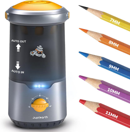JUPITEARTH Electric Pencil Sharpener for Kids, Hands-Free, Rechargeable, Auto in & Out Spaceship Fully Automatic Pencil Sharpener Fits 6.9-11mm Colored/No.2 Pencils for Classroom Home Office