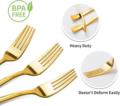 50 Pack Gold Plastic Forks, Heavy Duty Forks Disposable, Plastic Cutlery Perfect for Weddings, Parties, Dinners and Thanksgiving