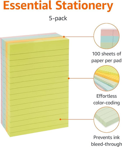 Basics Sticky Note Pads, Lined, 4x6, Rectangular, Assorted Colors, Pack of 5