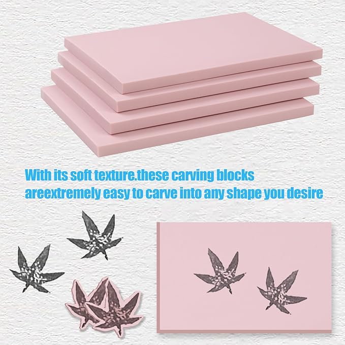4pcs Pink 4x6 Rubber Block Stamp Carving Kit for Print Making, Soft Rubber Crafts, Easy to Carve, Versatile Stamp Cutting Kit for Linoleum Blocks, Eraser Carving Block, Scrapbooking Supplies