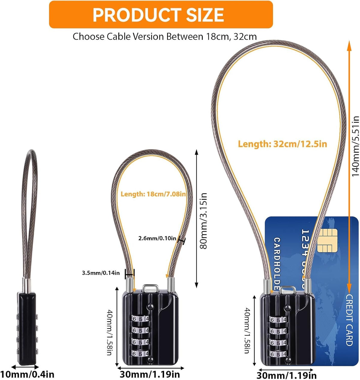 SEPOX® Versatile Twins Resettable 4-Digit Combination Padlock with Extrem Long Cable – Personalized Password, Durable Vinyl Steel Cable, Multipurpose Lock for Suitcase, Gym – Black 32cm Cable