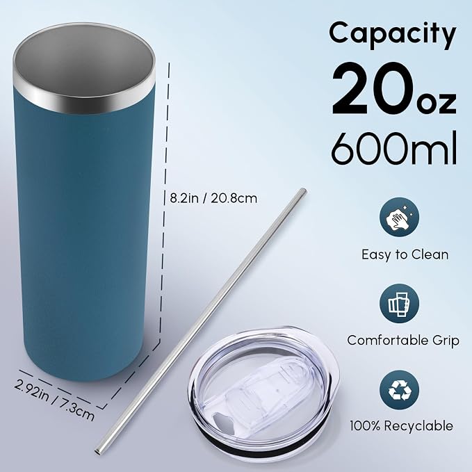 Volhoply 20 oz Skinny Tumbler with Lid and Straw, Stainless Steel Straight Tumblers Cup, Vacuum Insulated Coffee Mug for Home, Office, Travel, DIY (Dark Green,1 Pack)