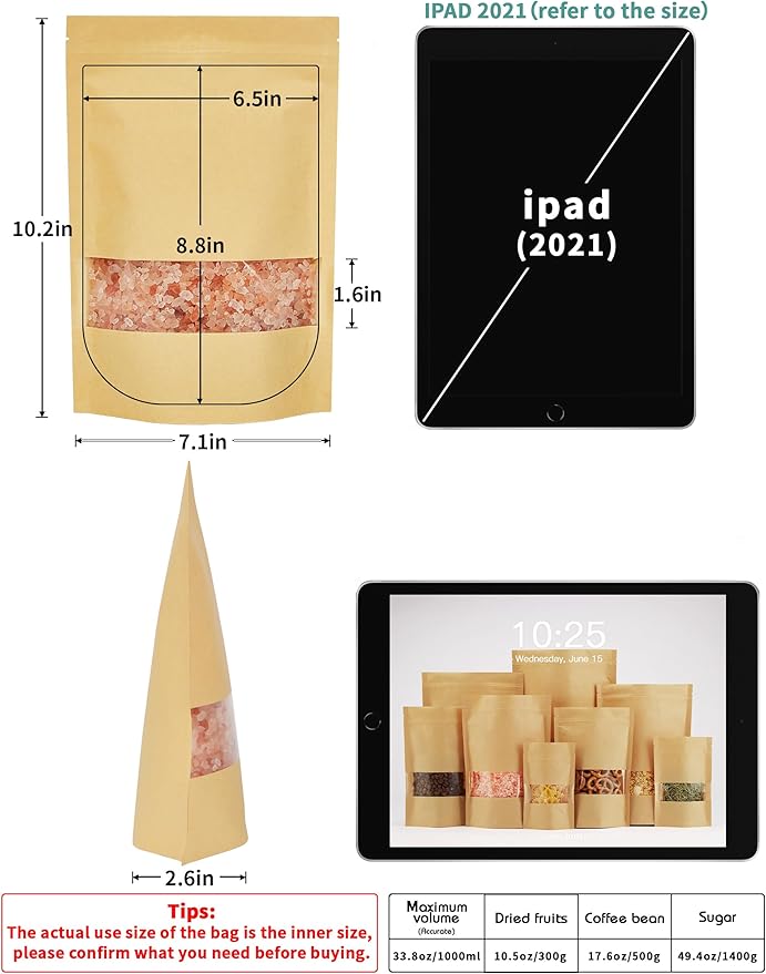 FireKylin 100 Pcs Kraft Paper Bags with Window, 7.1" x 10.2" Stand Up Pouches Bags, Zip Lock Food Storage Bags for Packaging Products, Reusable, Sealable