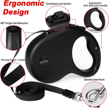 16Ft Retractable Dog Leash,Light Weight Leash for Small to Medium Dogs/Cats Up to 50lbs,Stainless Steel Spring Strong Nylon Tape, Tangle Free, One-Handed Brake.(Black)