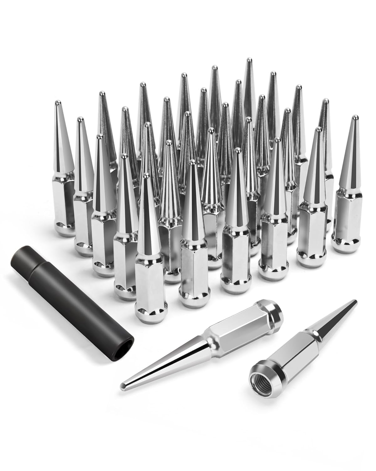 9/16-18 Spike Lug Nuts for 1994-2011 Dodge Ram 2500 3500, 2002-2010 Ram 1500, 1988-1997 Ford F250 F350, 2004-2009 Durango, 32PCS Spiked Lug Nuts 9/16-18 Chrome with Socket Key for Aftermarket Wheel (comes with silver key)