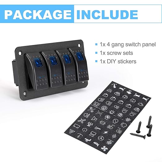 BUNKER INDUST 4 Gang Rocker Switch Aluminum Panel with Blue LED Light Waterproof 5 Pin On Off Toggle Switches for 12V24V Marine Boat RV Truck Car ATVs