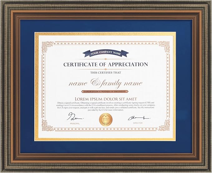 XUANLUO 11x14 Picture Frames Certificate Document Frame with Tempered Glass Wood Grain Color Diploma Frames 8.5x11 with Blue Mat for Wall and Tabletop Brown 1Pack