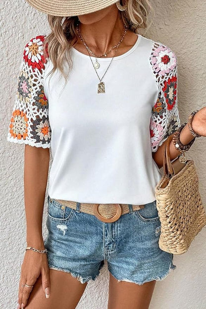 Melliflo Womens Shirts Floral Crochet Short Sleeve Crewneck Shirt Casual Pullover Blouse Summer Tops