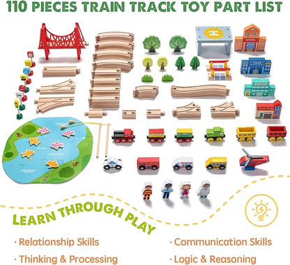 110-piece wooden train set sparks creativity and imagination in young kids, entertaining them for hours.