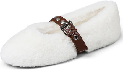 Goiphrri Fur Mary Jane Shoes Women Comfortable Ballet Flats Shoes Round Toe Casual Cute Mary Janes Womens Ballerina Flats with Buckle Strap.