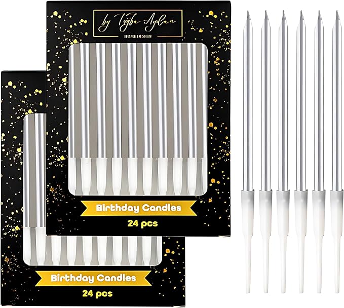 Birthday Candles - 24 Count Long Thin Silver Birthday Candles for Cake, Metallic Cake Candle for Birthday, Party Candles
