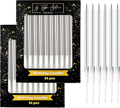 Birthday Candles - 24 Count Long Thin Silver Birthday Candles for Cake, Metallic Cake Candle for Birthday, Party Candles
