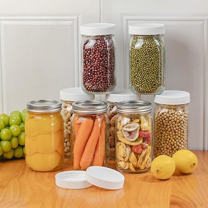 4 Pack 32 oz Clear Wide Mouth Mason Jars with Airtight Lids and White Plastic Lids, Canning Jars
