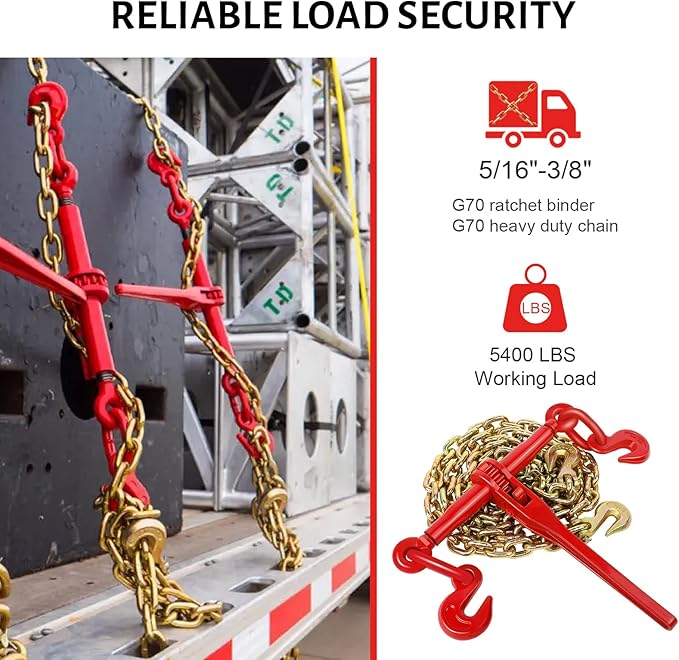 2 Pack Chain Binder, 516 to 38 Inch Chain Binder, Ratchet Binder with 5400LBS Safe Working Load and 19000LBS Breaking Strength, Load Binder for Industrial Agricultural Traction Applications