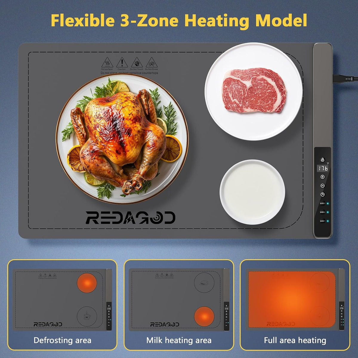 Food Warming Mat with 3-Zone Heating Mode, Redagod Electric Warming Tray with 9 Temperature & 8 Timer Settings, Hook and Roll Up Storage, Portable Countertop Food Heating Mat for Home Daily Use, Gray