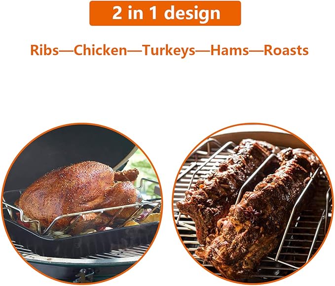 Rib Racks for Big Green Egg, Turkey Roasting Rack Smoking and Grilling Rib Rack, Big Green Egg Accessories, for Large and XLarge Big Green Egg,18" or Bigger Kamado Grill, Stainless Steel