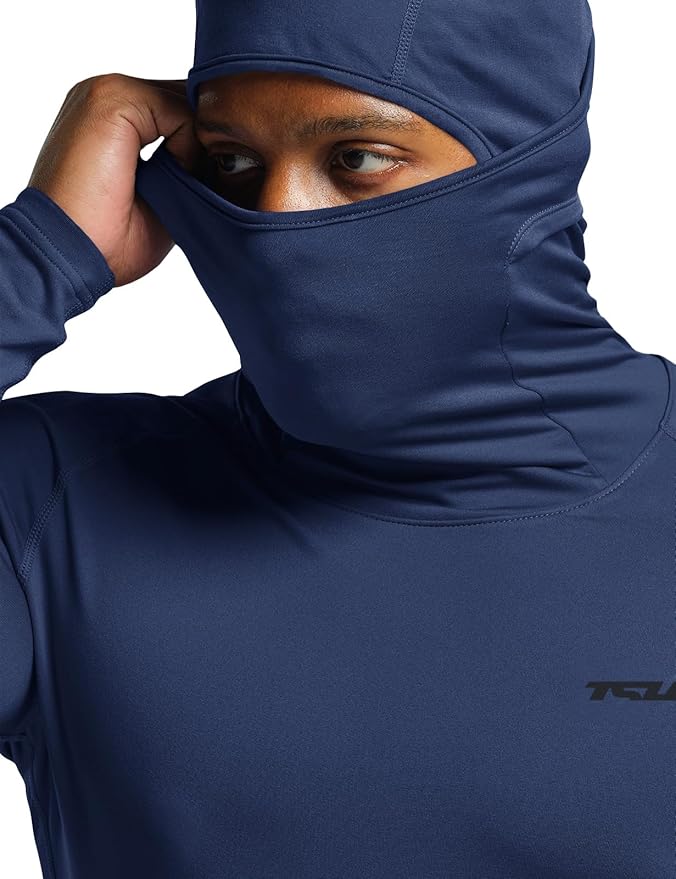 TSLA Men's Thermal Compression Shirts Hoodie with Mask, Long Sleeve Winter Sports Base Layer Top, Active Running Shirt