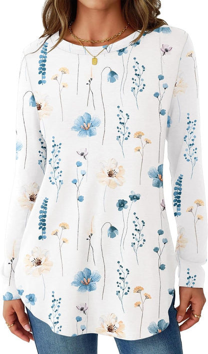 NORACORA Women Long Sleeve Shirts Loose Tunic Crew Neck Lightweight Side Split Casual 2026 Spring Trendy Basic Tshirts Blouse