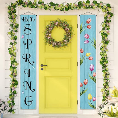 Tulips Spring Porch Banner Spring Party Sign Front Door Banner for Home Yard Indoor Outdoor Hanging Decoration