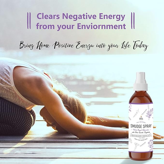 SOUL STICKS White Sage  Lavender Smudge Spray  3.5oz Smokeless Mist with Quartz Crystals  Calming Essential Oil Spray for Sleep, Stress Relief, Meditation, and Energy Cleansing