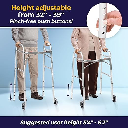 Drive Medical 10210-1 2-Button Folding Walker with Wheels, Rolling Walker, Front Wheel Walker, Lightweight Walkers for Seniors and Adults Weighing Up To 350 Pounds, Adjustable Height, Silver