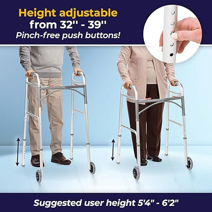 Drive Medical 10210-1 2-Button Folding Walker with Wheels, Rolling Walker, Front Wheel Walker, Lightweight Walkers for Seniors and Adults Weighing Up To 350 Pounds, Adjustable Height, Silver