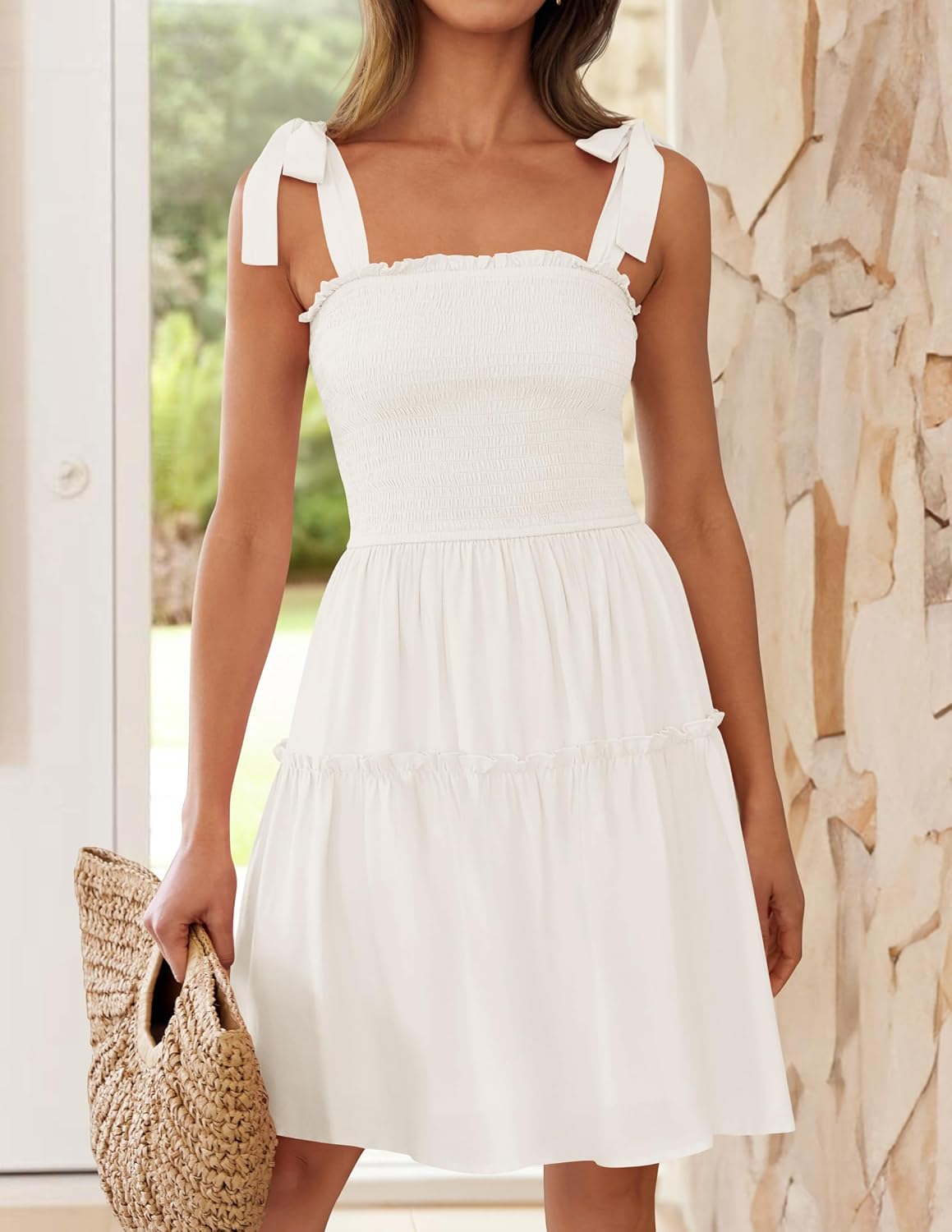 This ZESICA mini dress features a square neckline, adjustable straps, and a ruffled hem - perfect for summer parties, the beach, or everyday wear.