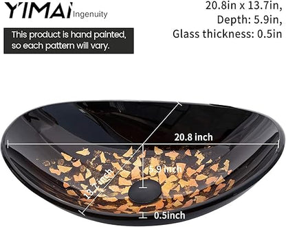 Vessel Sink Bathroom Sinks Tempered Glass Art Basin 20.8"x13.7" Oval Bowl Above Counter with Faucet and Pop-Up Drain Combo, Oval Brown(20202C)