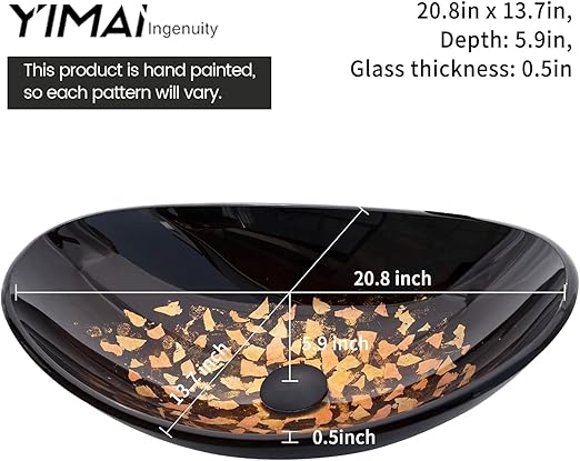 Vessel Sink Bathroom Sinks Tempered Glass Art Basin 20.8"x13.7" Oval Bowl Above Counter with Faucet and Pop-Up Drain Combo, Oval Brown(20202C)