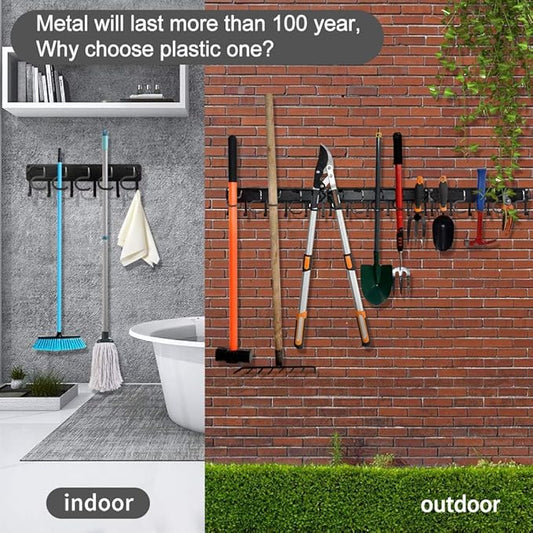 YueTong All Metal Garden Tool Organizer,Adjustable Garage Wall Organizers and Storage,Heavy Duty Wall Mount Holder with Hooks for Broom,Rake,Mop,Shovel.(1 Packe)