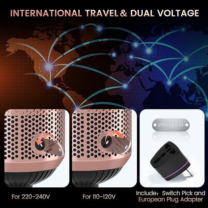 Dual Voltage Hair Dryer Brush, PRITECH Hot Air Brush 110V-120V/220V-240V Ionic 1000W Blow Dryer Brush 4 in 1 Styler, One Step Volumizer, Styling Brush for Straight and Curling Hair Salon