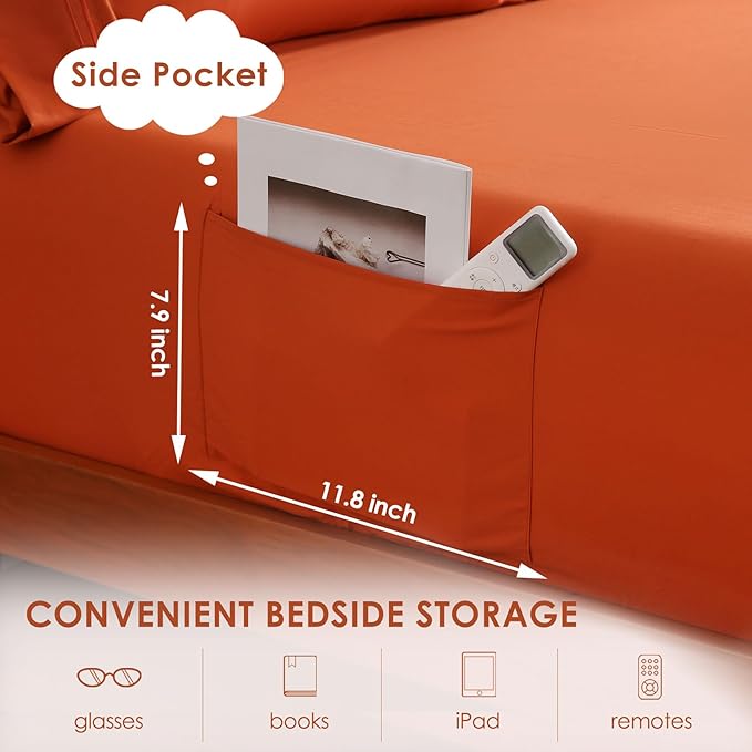 JSD Burnt Orange Queen Sheet Set with Side Pocket Corner Straps, 4 Piece Soft Microfiber Bed Sheets Extra Deep Pocket