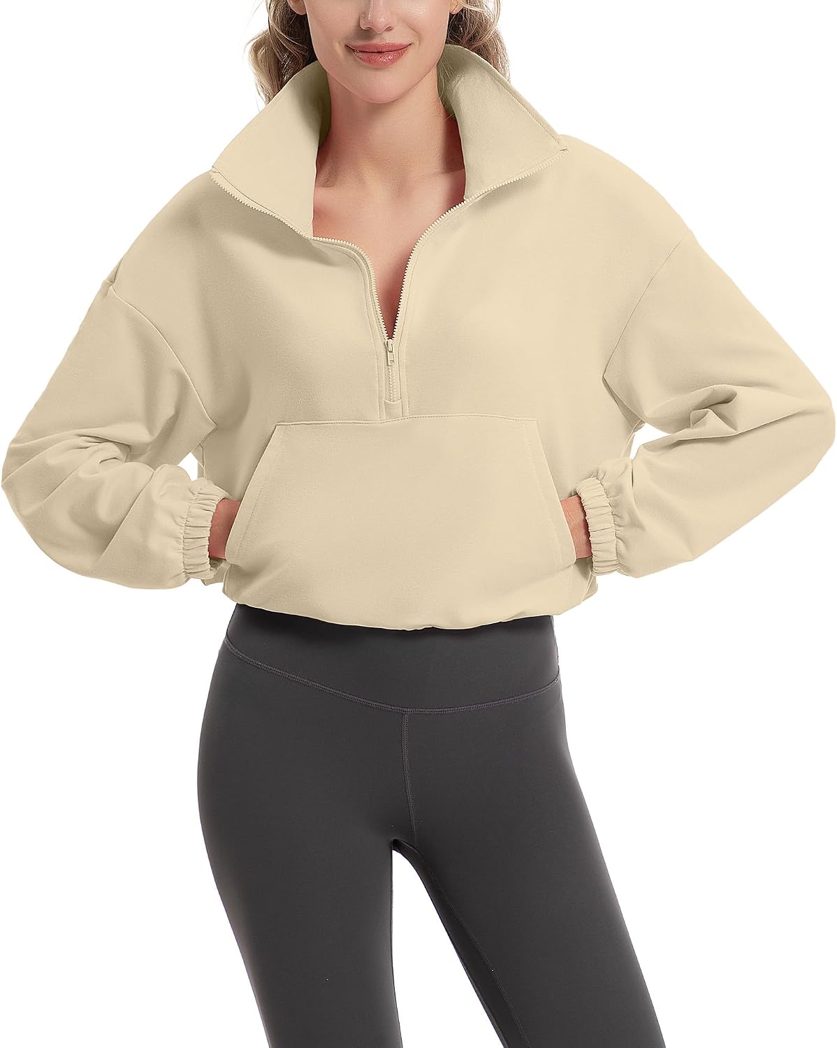 FKEEP Quarter Zip Pullover Women Cropped Sweatshirt Long Sleeve Crop Top Stand Collar Drawstring Casual Pullover
