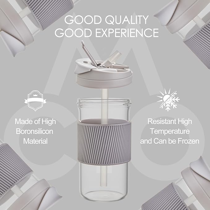 COMI Glass Travel Coffee Tumbler, Smoothie Cup Travel Dual-use Glass Coffee Cups with Lids Coffee Travel Cup with straw - 15 oz - Ash Grey