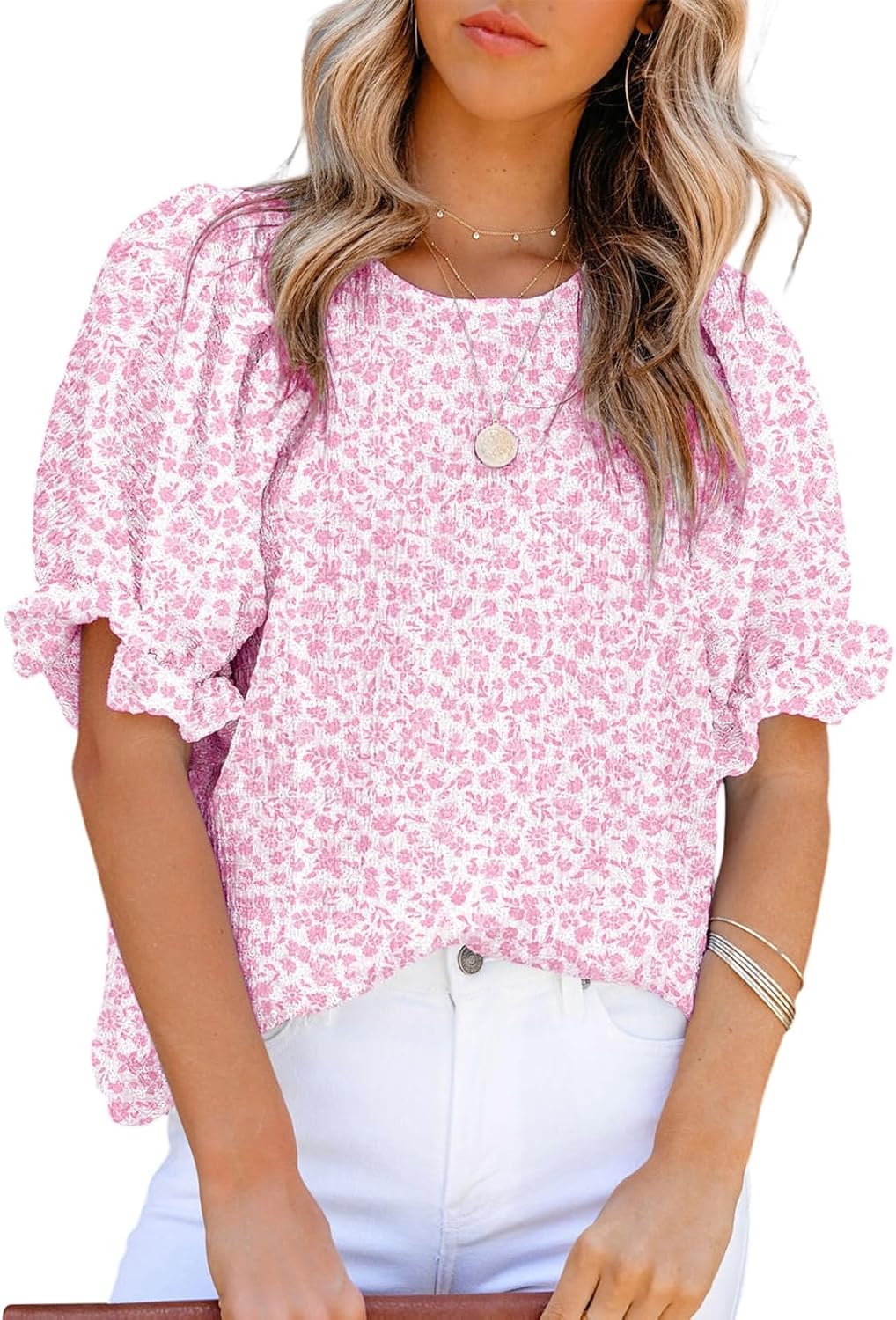 Dokotoo women's top features a floral print, smocked puff sleeves, and a relaxed babydoll style - perfect for casual everyday wear.