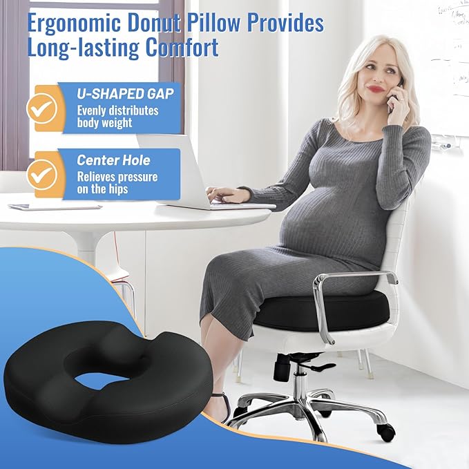 Donut Pillow Seat Cushion Chair Pad for Tailbone Pain Relief and Hemorrhoids, Memory Foam Seat Chair Cushion for Postpartum Pregnancy, Seat Cushions for Men and Women for Home  Office, (Black)