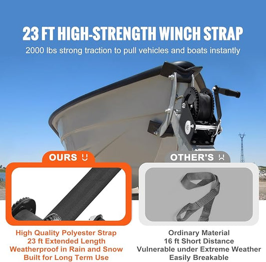 Happybuy Manual Winch, Pulling Force of 2000 lbs, Durable Trailer Winch with 23 ft Polyester Strap, Dual-Direction Ratchet, Robust Rope Crank for Towing Trailer, Boat or ATV