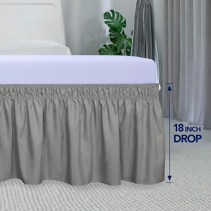 PureFit Wrap Around Ruffled Bed Skirt with Adjustable Elastic Belt - 18 Inch Drop Easy to Put On, Wrinkle Free Bedskirt Dust Ruffles, Bed Frame Cover for Queen, King and C-King Size Beds, Gray