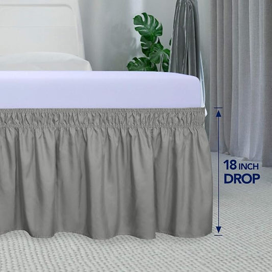 PureFit Wrap Around Ruffled Bed Skirt with Adjustable Elastic Belt - 18 Inch Drop Easy to Put On, Wrinkle Free Bedskirt Dust Ruffles, Bed Frame Cover for Queen, King and C-King Size Beds, Gray