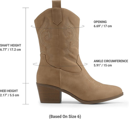 Cowboy Boots for Women, Mid Calf Cowgirl Boots with Embroidery Round Toe Western Chunky Low Heel Shoes