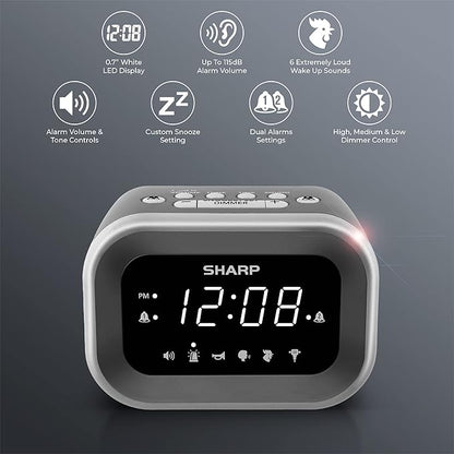Sharp Big Bang Super Loud Alarm Clock for Heavy Sleepers, 6 Extremely Loud Wake Up Sounds: Rooster, Bugle, Nagging Mom, Jackhammer, Siren, Beep- Up to 115db Volume, Silver/Black with White LED Display