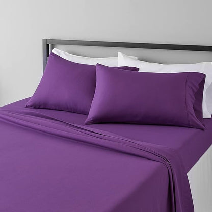 Basics 4 Piece Deluxe Microfiber Bed Sheets, Full Size, Plum, Solid