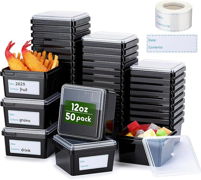 Blushtier 12 oz 50 Pack Small Square Deli Containers with Lids Plastic Freezer Food Reusable Meal Dessert Ice Cream Containers with Labels for Takeout Meal Storage Microwave Freezer Safe(Black)
