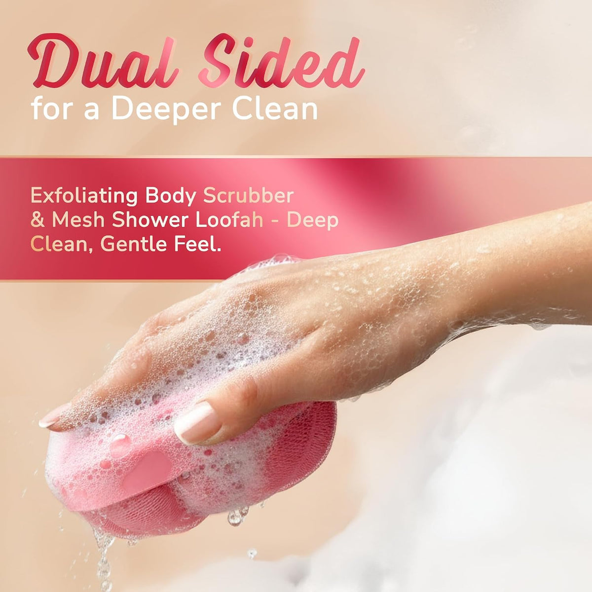 Double-Sided Shower Loofah - Exfoliating Shower Scrubber for Body, Non-Slip Silicone Grip, Soft Mesh & Textured Exfoliating Side, 2-in-1 Bath Sponge & Loofah - 1 Pack, pink