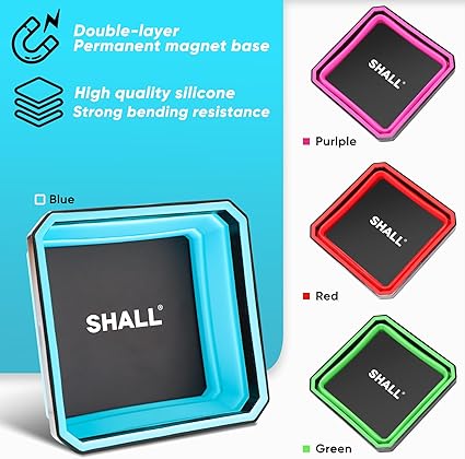 SHALL New Version Collapsible Magnetic Parts Tray Set, 4-Pack Magnetic Tool Trays for Screw Bolts Nuts Washers Pins  Small Metal Parts, 4.5 Square Silicone Foldable Bowls wDual-Sided Magnetic Base
