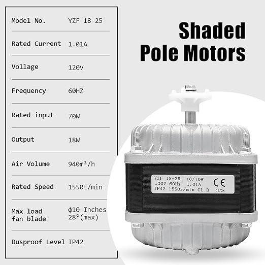 YZF18-25 Fan AC Motor(Copper Wire)120V 60HZ 18W 1.01A,YZF18-25 Shaded Pole Motor,with Single Phase, 4 Shaded Poles 1550 rmin,Suitable for Condenser, Evaporator, Radiator and Other Cooling Equipment