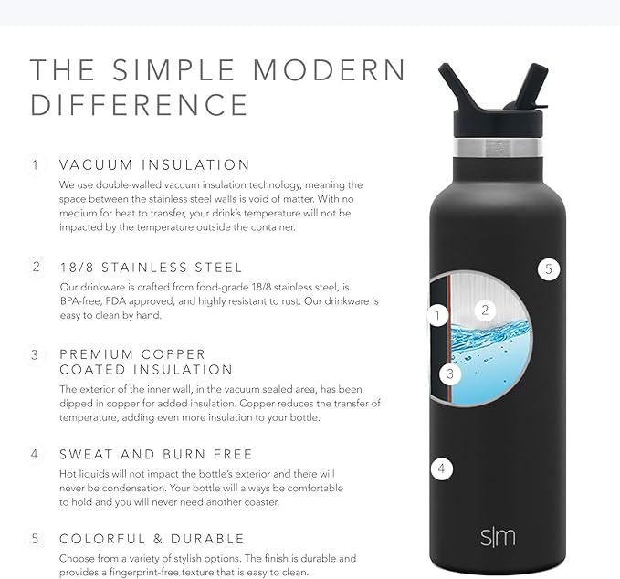 Simple Modern Water Bottle with Narrow Mouth Straw Lid Metal Thermos Vacuum Insulated Stainless Steel l Reusable Leak Proof BPA-Free Flask | Ascent Collection | 24oz, Black Leopard
