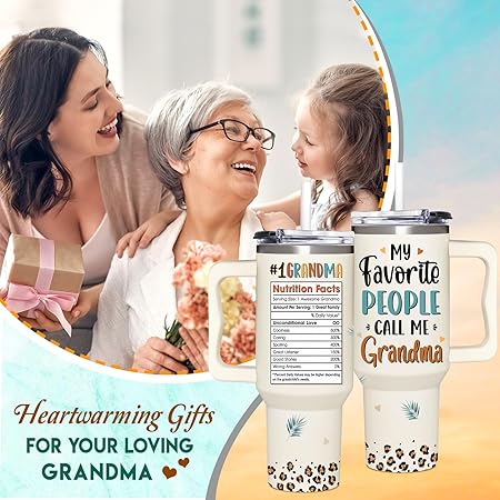 Grandma Gifts from Grandkids, Granddaughter, Grandson, Grandchildren - Practical Mothers, Birthday, Christmas, Ideas Gifts for Grandma Tumbler 40oz with Handle  Straw