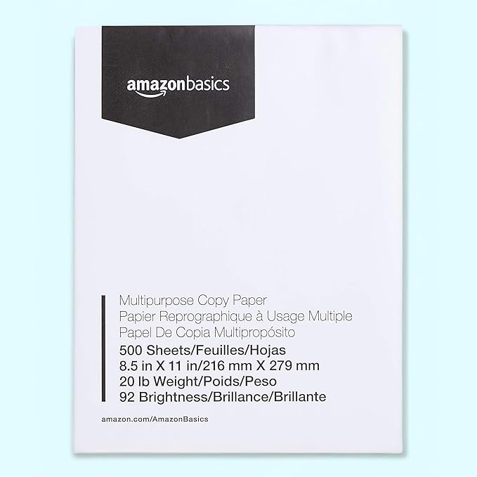 Basics Multipurpose Copy Printer Paper, 8.5 x 11 Inches, 20 lb, 92 Bright, White, 1 Ream (500 Sheets), Jam-Free