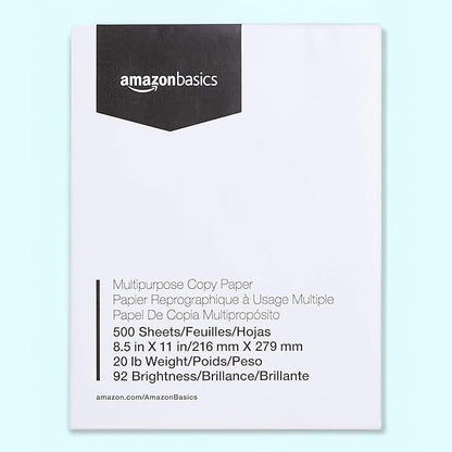 Basics Multipurpose Copy Printer Paper, 8.5 x 11 Inches, 20 lb, 92 Bright, White, 1 Ream (500 Sheets), Jam-Free